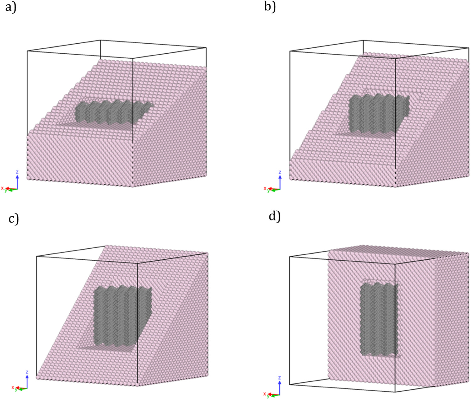 Complete four-panel atomistic figure showing grey carbon-honeycomb structures embedded in pink aluminium; display cutaways reveal the filler